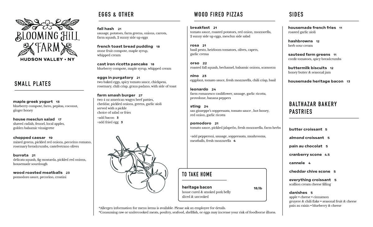 Blooming Hill Farm Menu