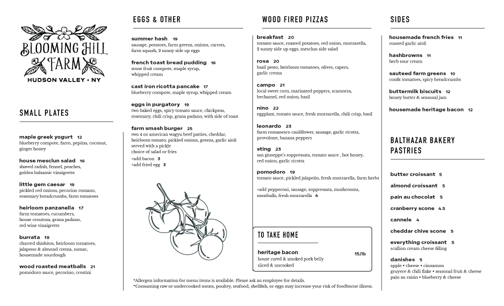 Blooming Hill Farm Menu