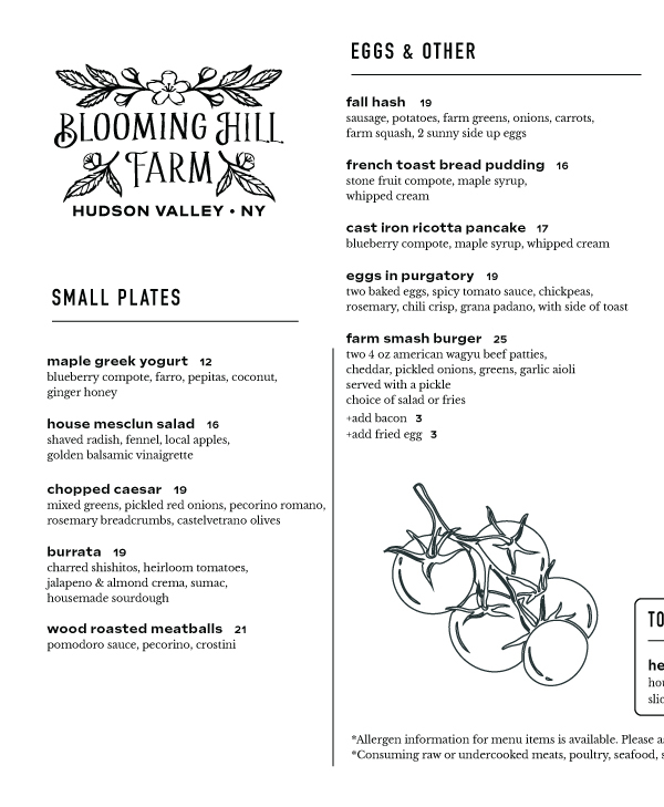Blooming Hill Farm Menu