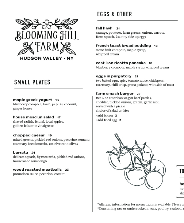 Blooming Hill Farm Menu