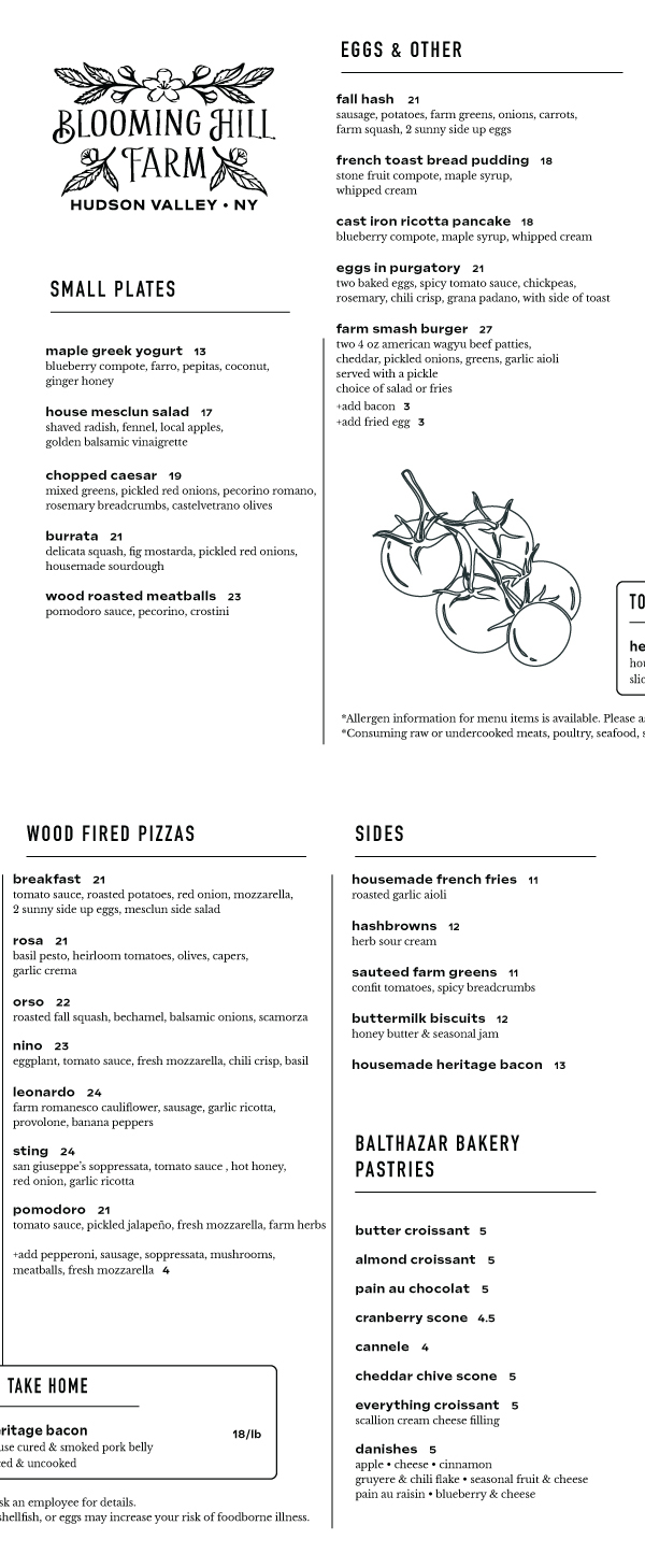 Blooming Hill Farm Menu