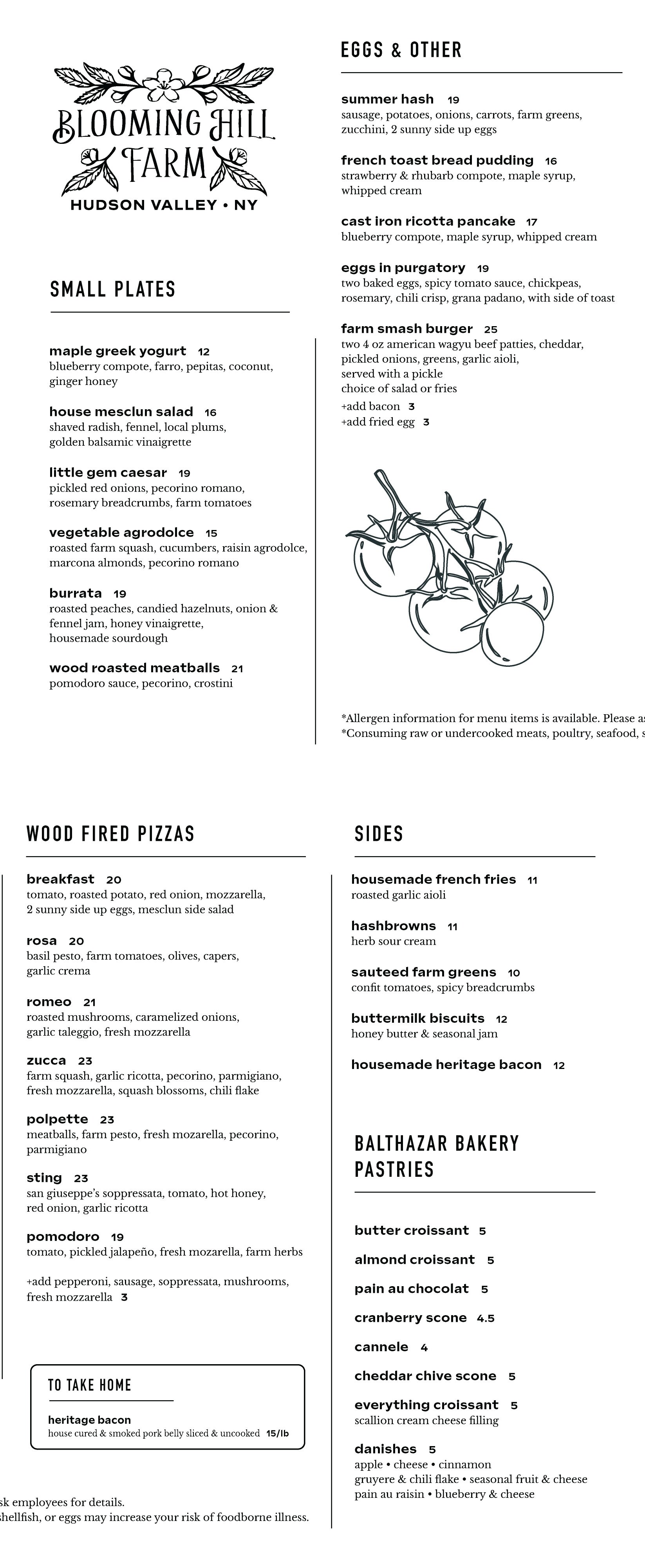 Blooming Hill Farm Menu