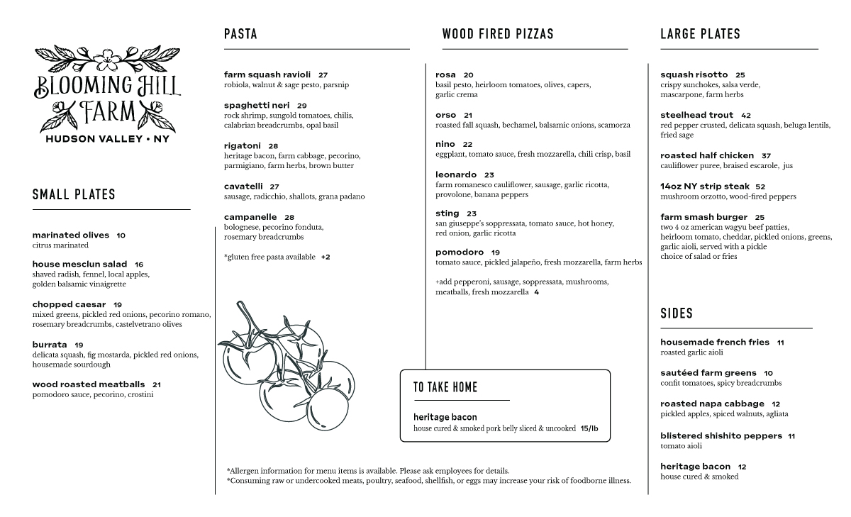 Blooming Hill Farm Dinner Menu