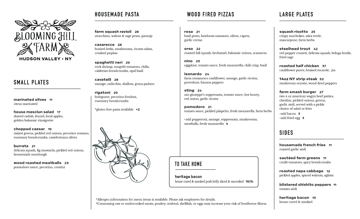 Blooming Hill Farm Dinner Menu