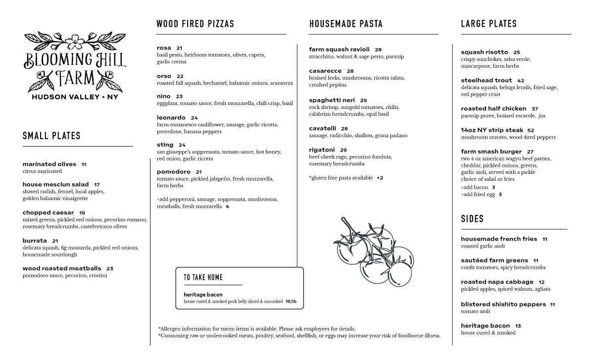 Blooming Hill Farm Dinner Menu