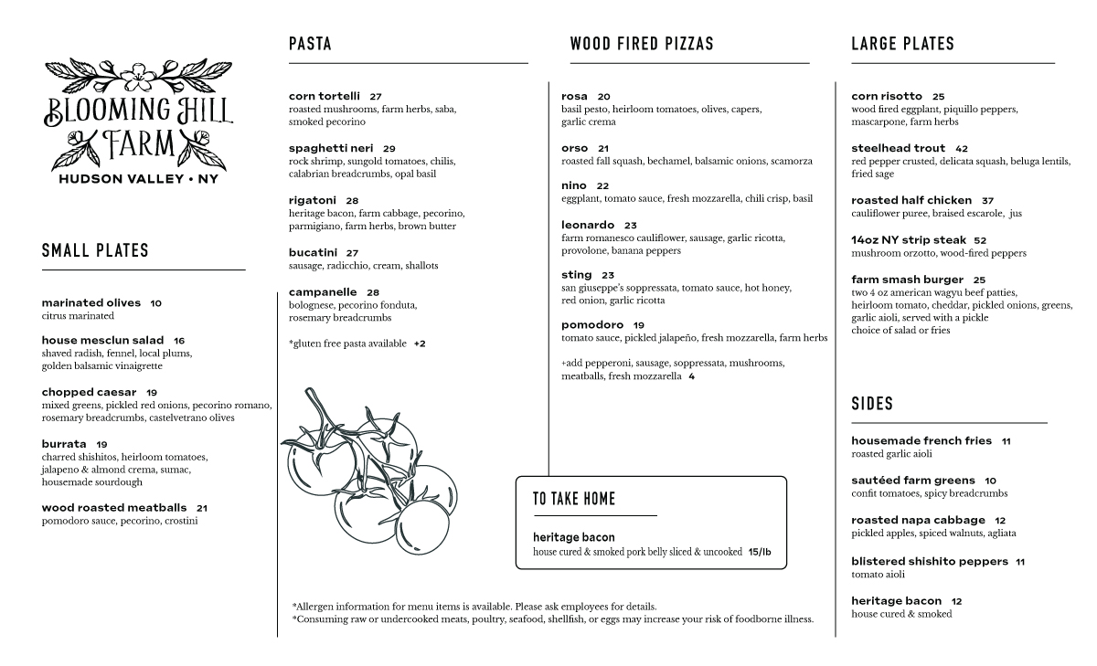 Blooming Hill Farm Dinner Menu