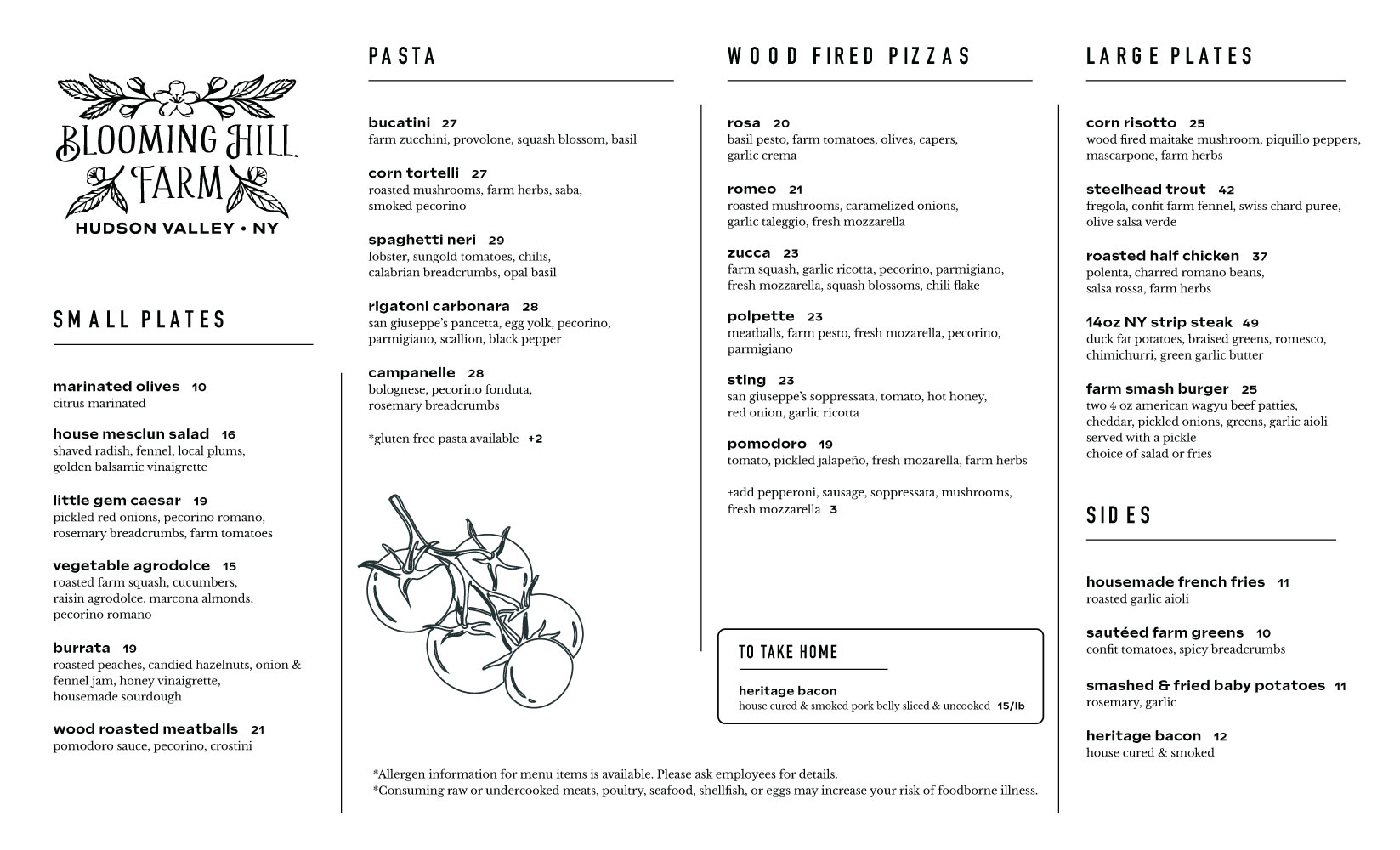 Blooming Hill Farm Dinner Menu