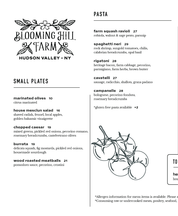 Blooming Hill Farm Dinner Menu
