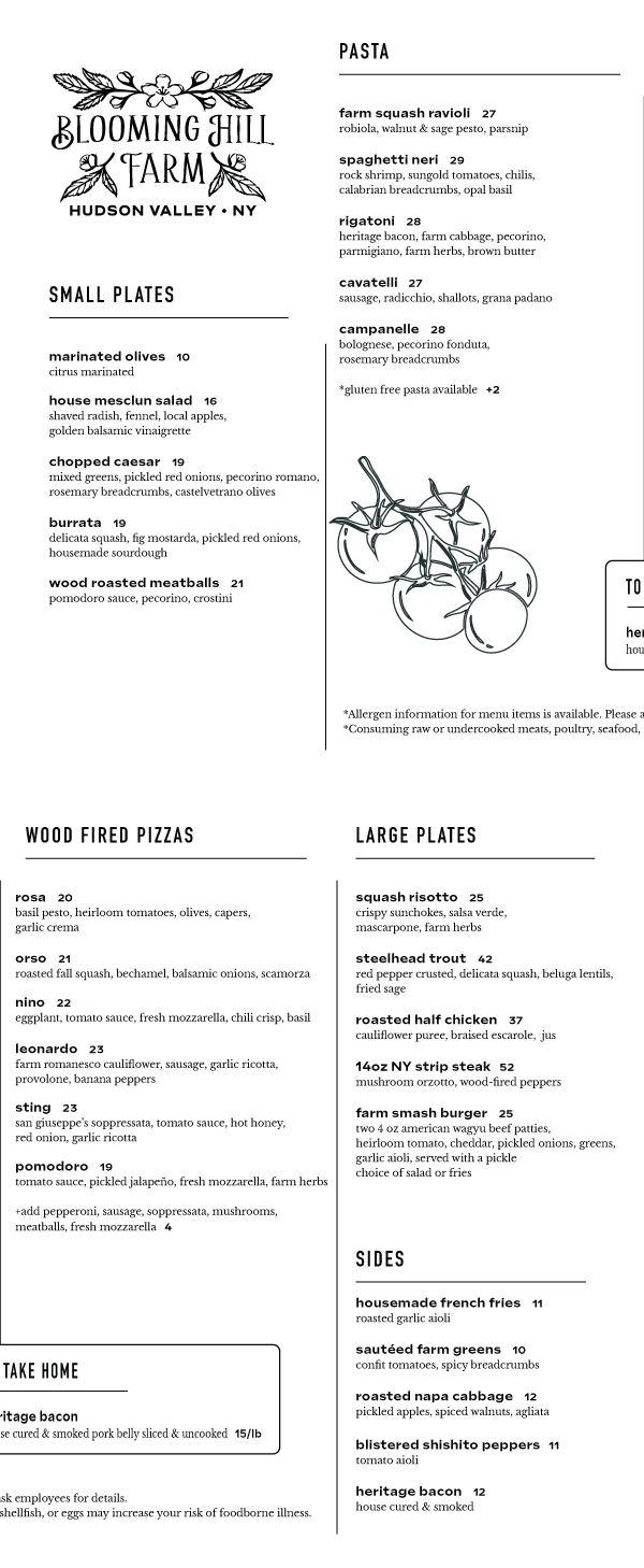 Blooming Hill Farm Dinner Menu