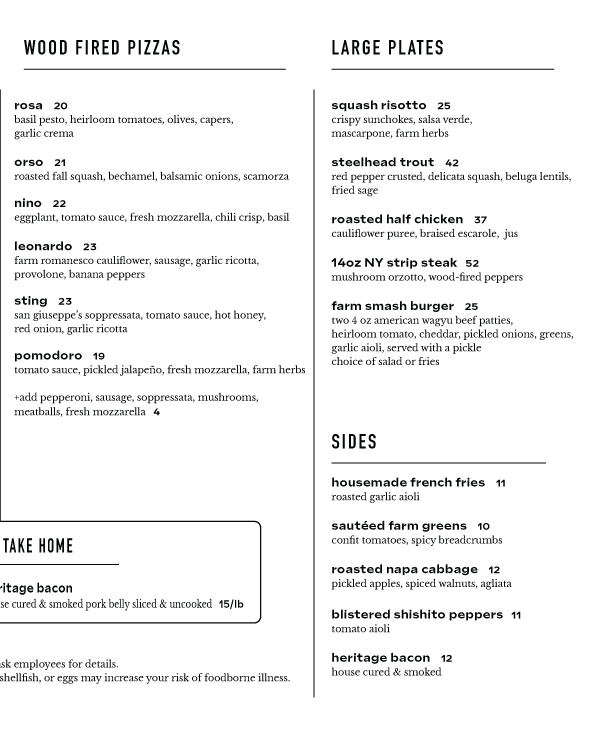 Blooming Hill Farm Dinner Menu
