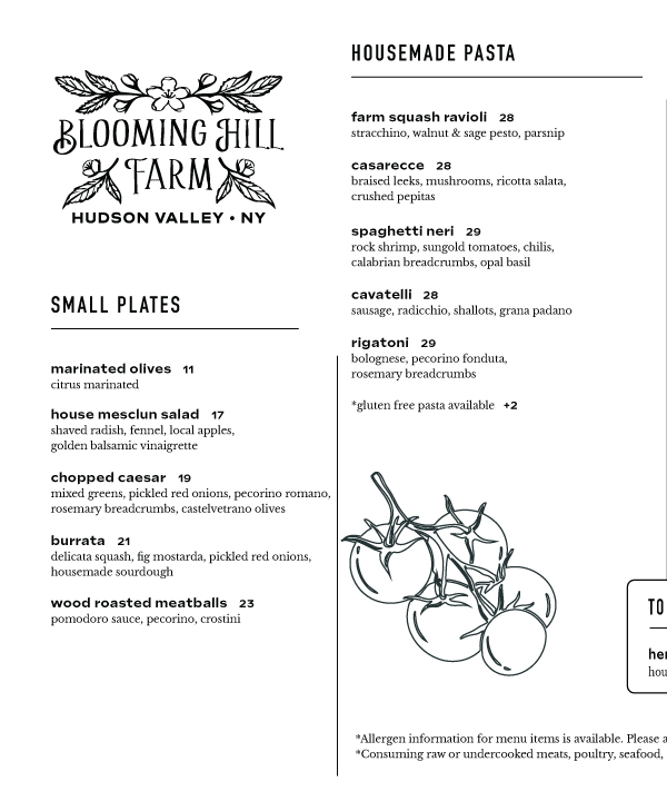 Blooming Hill Farm Dinner Menu