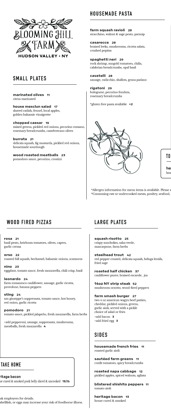 Blooming Hill Farm Dinner Menu