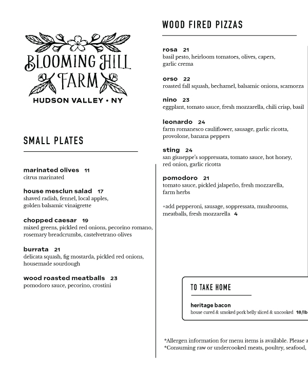 Blooming Hill Farm Dinner Menu