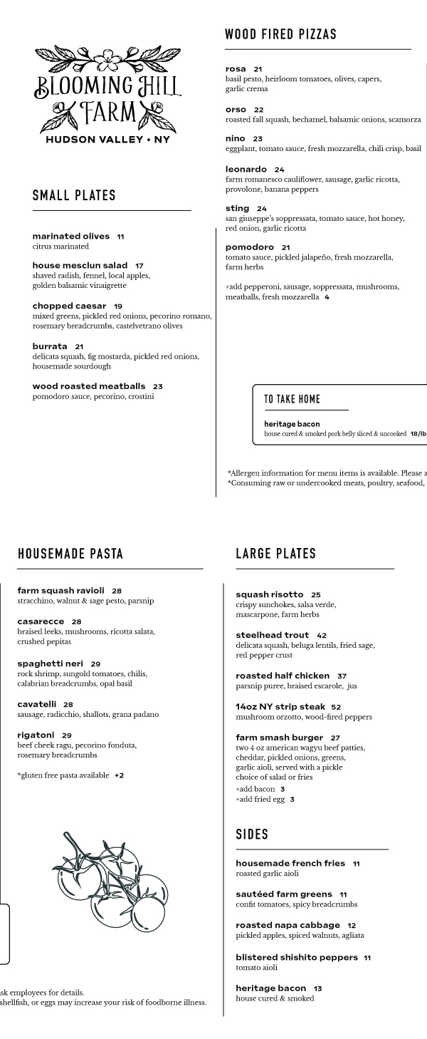 Blooming Hill Farm Dinner Menu
