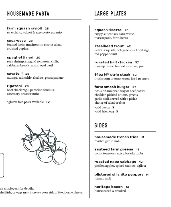 Blooming Hill Farm Dinner Menu
