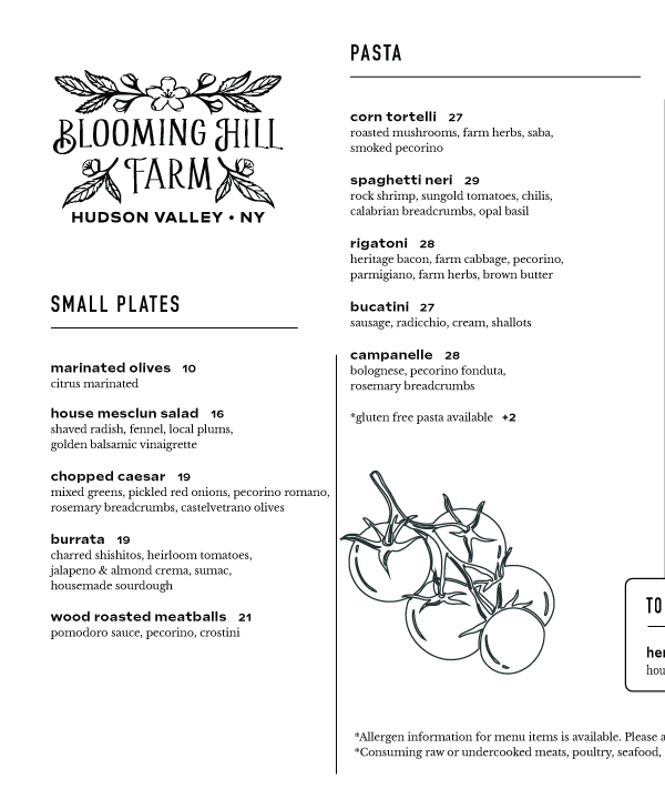 Blooming Hill Farm Dinner Menu