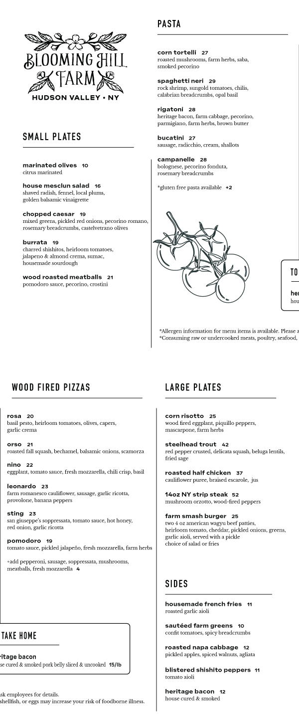 Blooming Hill Farm Dinner Menu