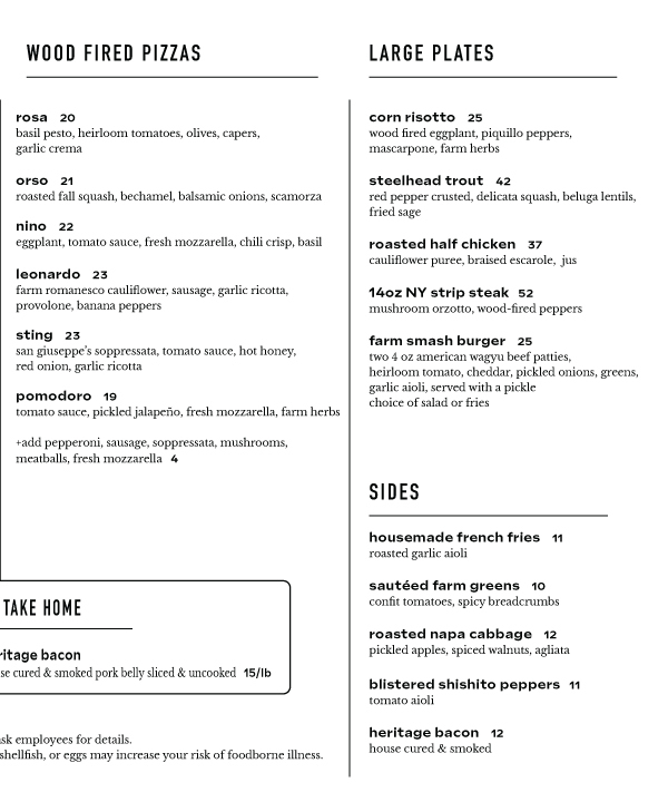 Blooming Hill Farm Dinner Menu