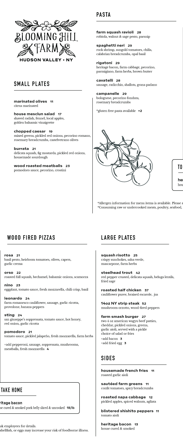 Blooming Hill Farm Dinner Menu