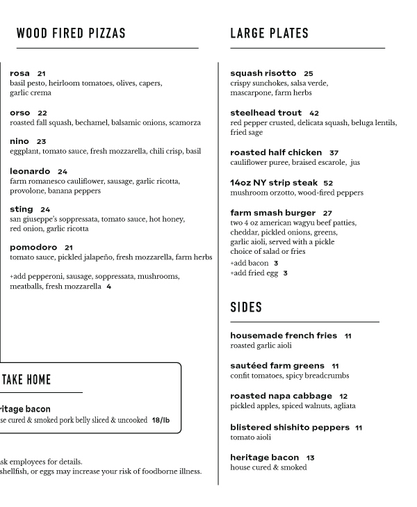 Blooming Hill Farm Dinner Menu