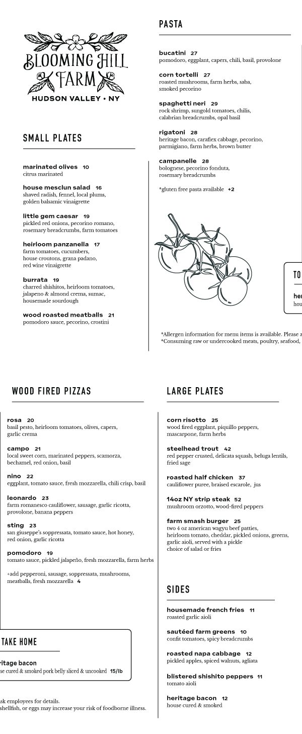 Blooming Hill Farm Dinner Menu