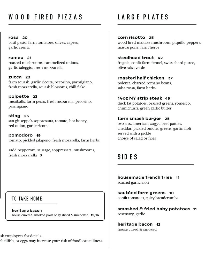 Blooming Hill Farm Dinner Menu