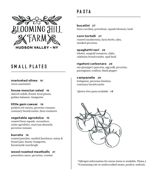 Blooming Hill Farm Dinner Menu