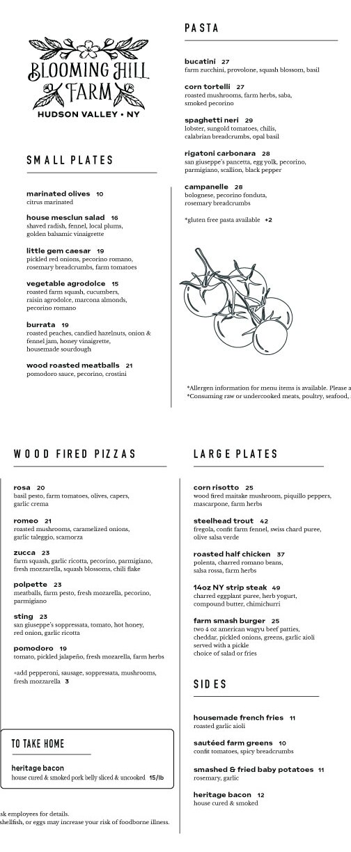 Blooming Hill Farm Dinner Menu