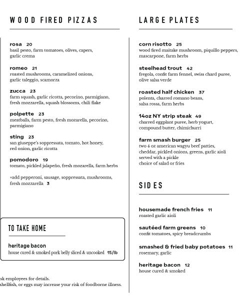 Blooming Hill Farm Dinner Menu